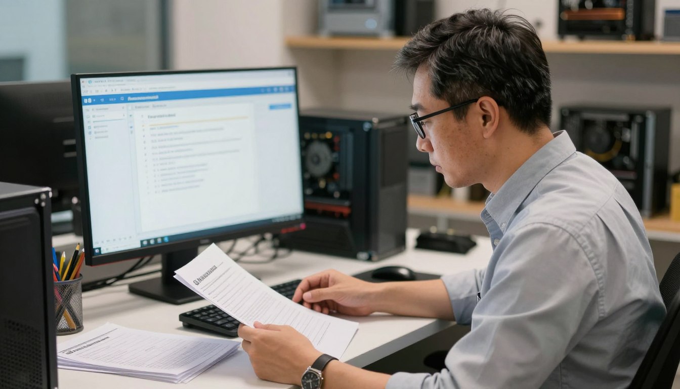 Business owner organizing customer repair authorization records